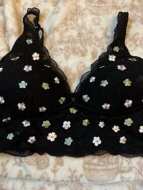 PINK Victoria's Secret Black Lace Bralette with Pastel Floral Embroidery